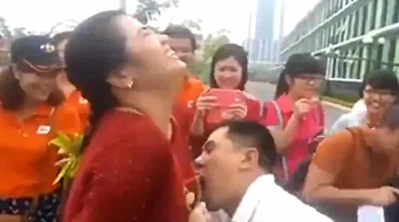 Male Staff Eating Grapes Hung Around Female Co-Workers' Breasts