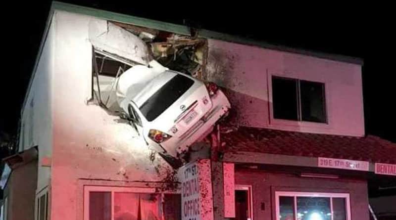 California: Car Flies into Air, Gets Stuck In a building