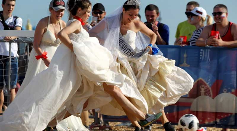FIFA World Cup 2018: Russian women play soccer wearing bridal dresses