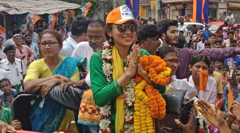 TMC candidate Mimi Chakraborty playing football in Sonarpur