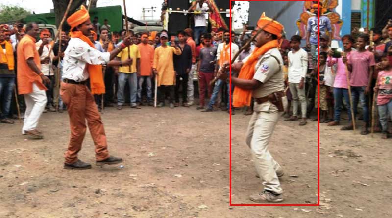 ASI of Niayamatpur Outpost plays with stick at Ram Navami