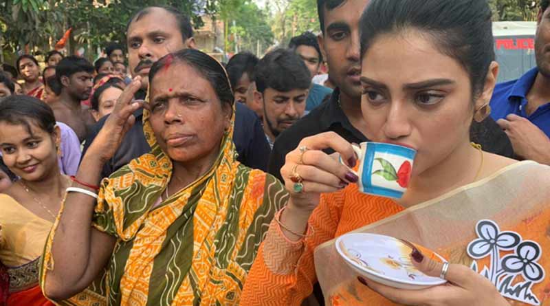 TMC candidate Nusrat Jahan take a cup of tea at Haroa