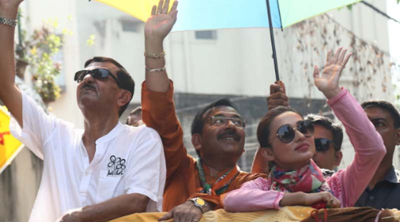TMC candidate Mimi Chakraborty campaigns at Santoshpur