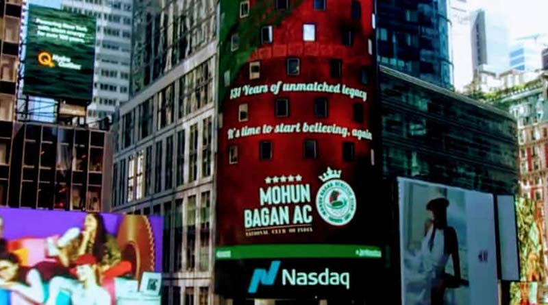 New York's Times Square's Nasdaq Billboard goes Green-Maroon on Mohun Bagan Day
