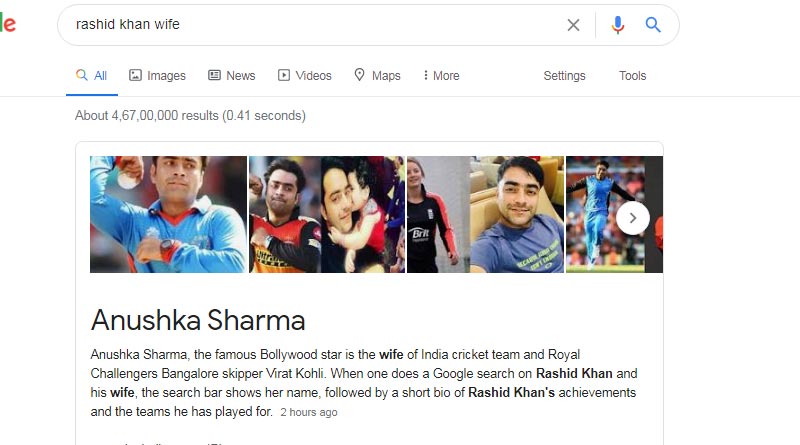 Google search shows Afghan cricketer Rashid Khan's wife is Anushka Sharma, Here is Why