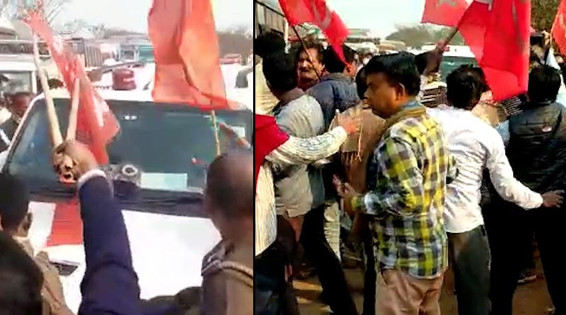 Attack on car of minister Swapan Debnath at Burdwan, left members are accussed |SangbadPratidin