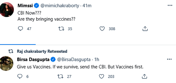 Mimi Chakraborty, Raj Chakraborty, Birsa Dasgupta says Corona Vaccine is more important that Narada Case arrest 