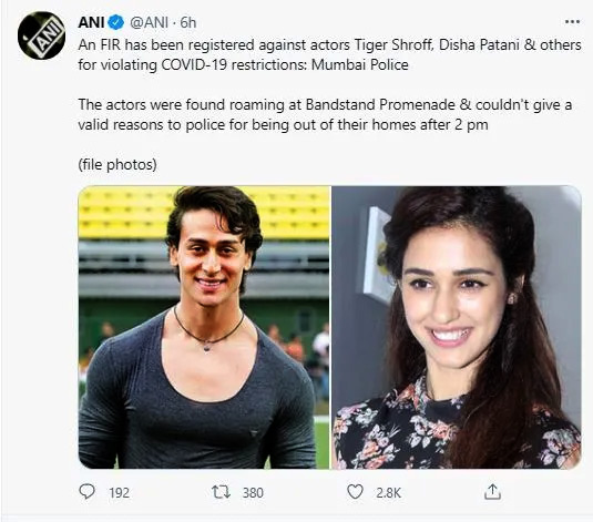 Disha Patani and Tiger Shroff allegedly booked by Mumbai police for not abiding COVID-19 restrictions