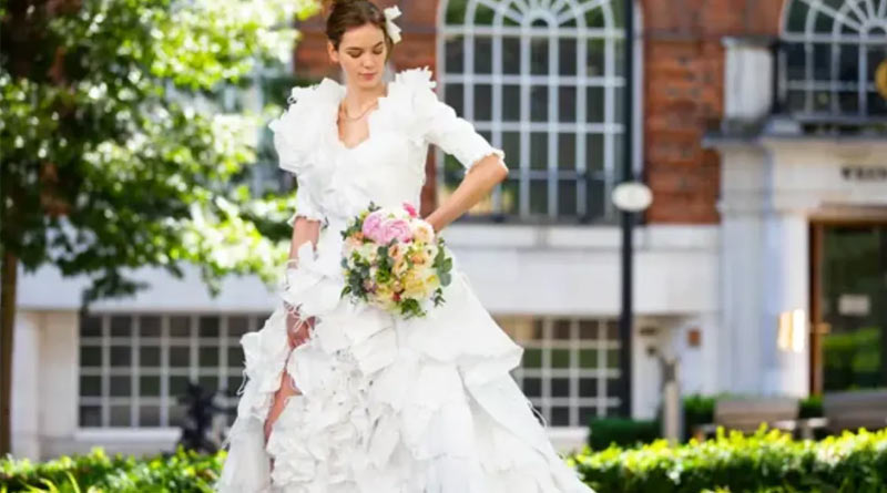 This wedding dress is made from 1,500 discarded face masks in UK