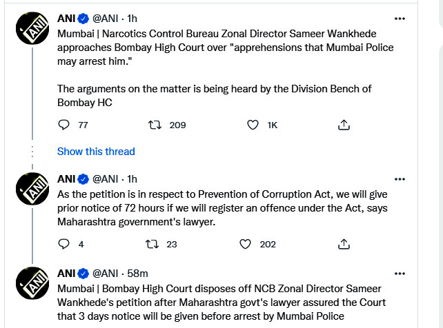 ANI tweet about Sameer Wankhede