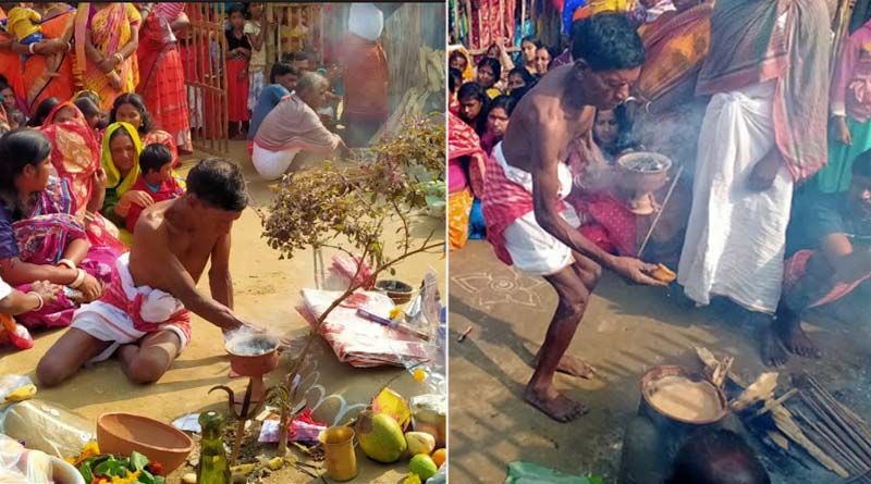 As the luchis are fried, its being lifted up with bare hands from the frying pan as it is the custom of this puja at Tehatta, Nadia | Sangbad Pratidin