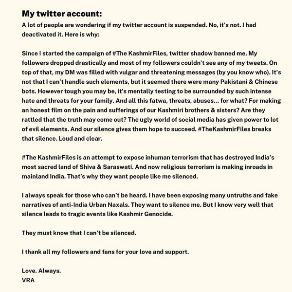 Vivek Agnihotri Post