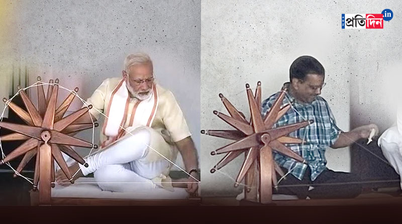 Arvind Kejriwal spin charkha at Sabarmati Ashram ahead of Gujarat polls। Sangbad Pratidin
