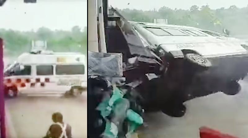 An ambulance carrying a patient crashed into a toll booth in Karnataka's Udupi । Sangbad Pratidin