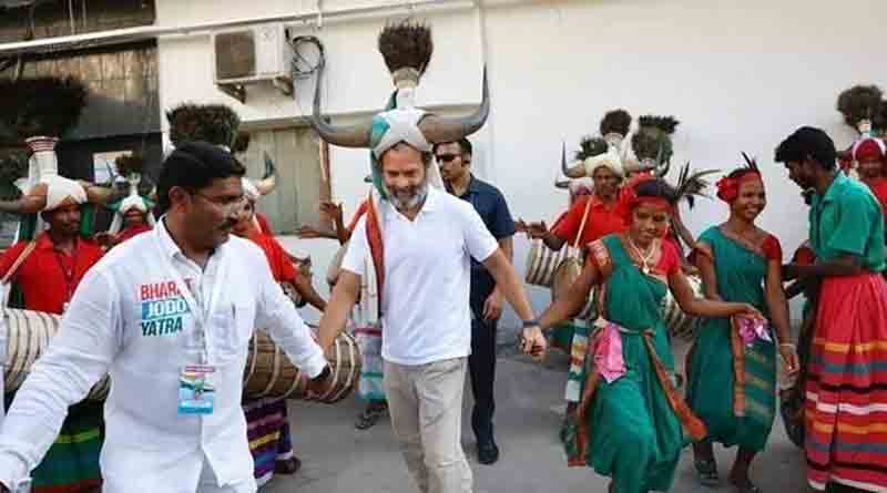 Rahul Gandhi wearing Tribal headgear joins Dancers in Bharat Jodo Yatra | Sangbad Pratidin