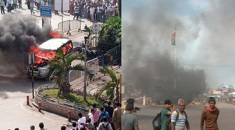 Flames engulf Kolkata Police vehicle at Sealdah station parking lot, two more bikes damaged | Sangbad Pratidin