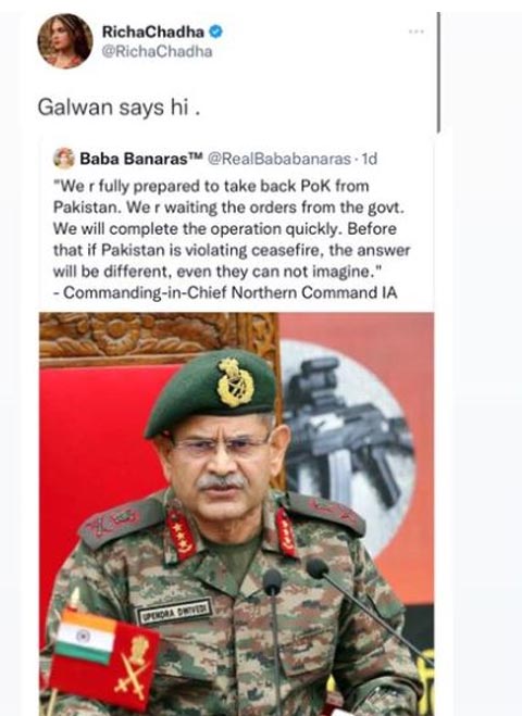 Actor Richa Chadha under social media fire for tweet on Indian Army