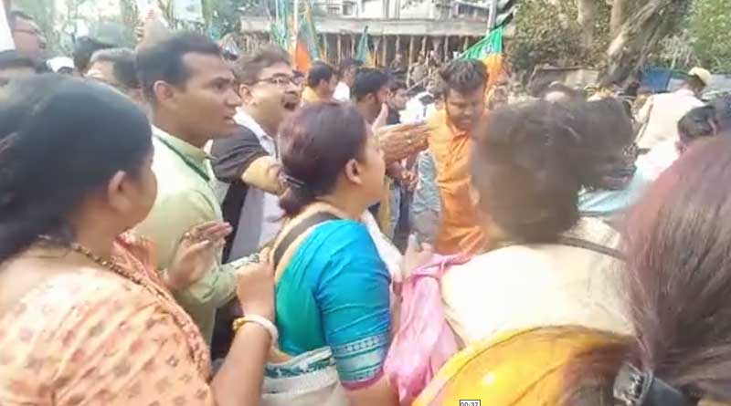 Chaos at BJP protest rally infront of Swasthya Bhaban, Salt Lake, many arrested | Sangbad Pratidin