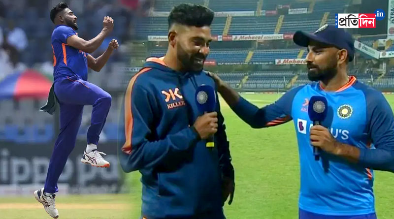 Mohammed Shami and Mohammed Siraj in chat after the first India-Australia ODI at the Wankhede Stadium । Sangbad Pratidin