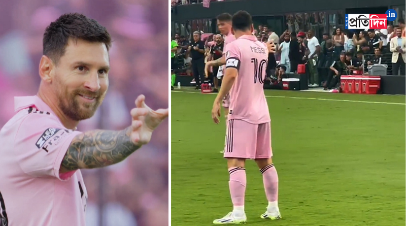 Lionel Messi gestures towards David Beckham after the goal । Sangbad Pratidin