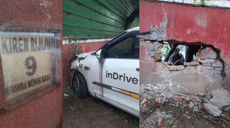 Hole in Cabinet Minister Kiren Rijiju's house wall after cab spins out of control and rams into it | Sangbad Pratidin