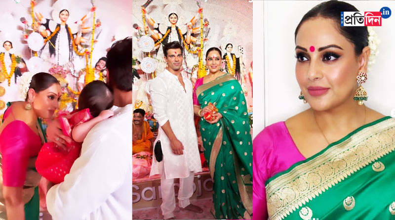 Durga Puja 2023: Bipasha Basu visits Puja pandal with baby Devi, twin in sarees | Sangbad Pratidin