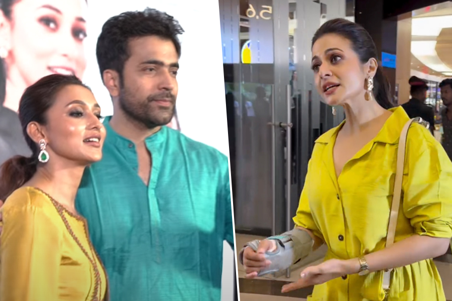 Koel Mallick at Abir-Mimi's Alaap Premiere with plaster in hand