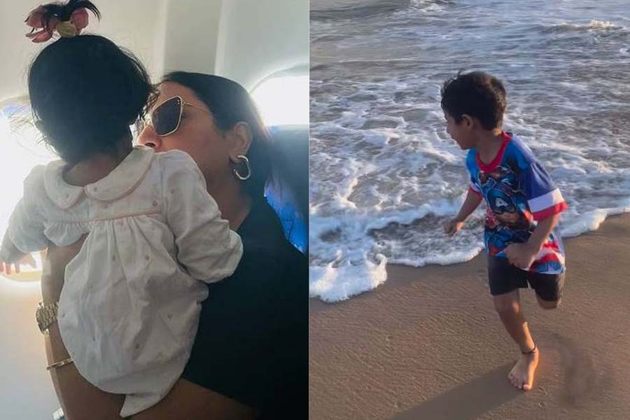 subhashree ganguly and Raj chakraborty in puri with their children