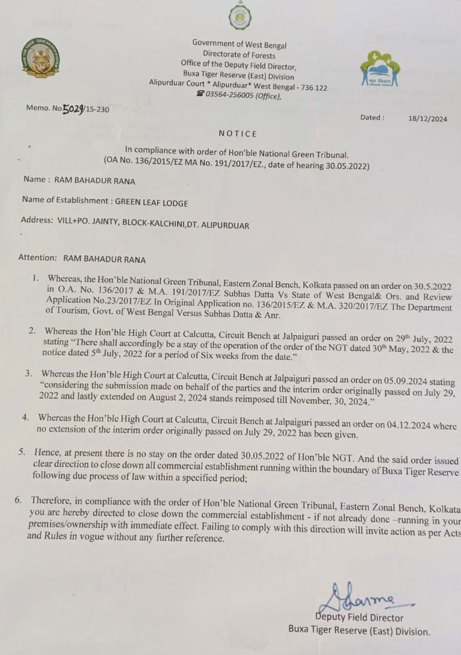 Forest dept orders to close hotel and home stay in Buxa