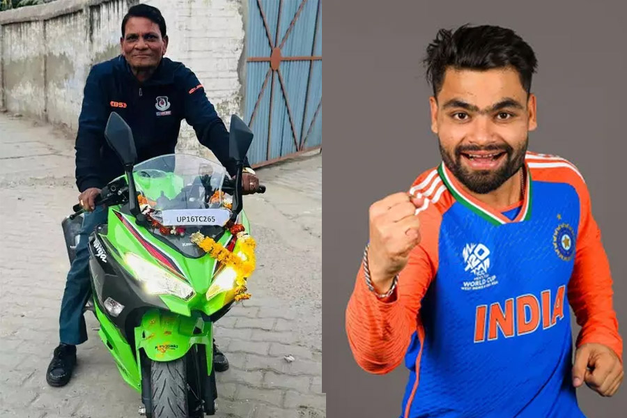 Rinku Singh's father goes to work on sports bike gifted by son