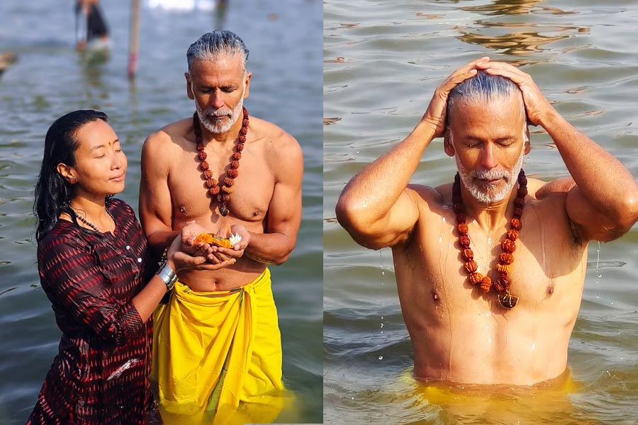 Milind Soman visits Maha Kumbh with wife, prays for families of stampede victims