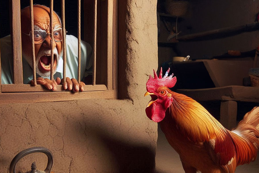 Fed up with morning crowing of rooster, old man threw case