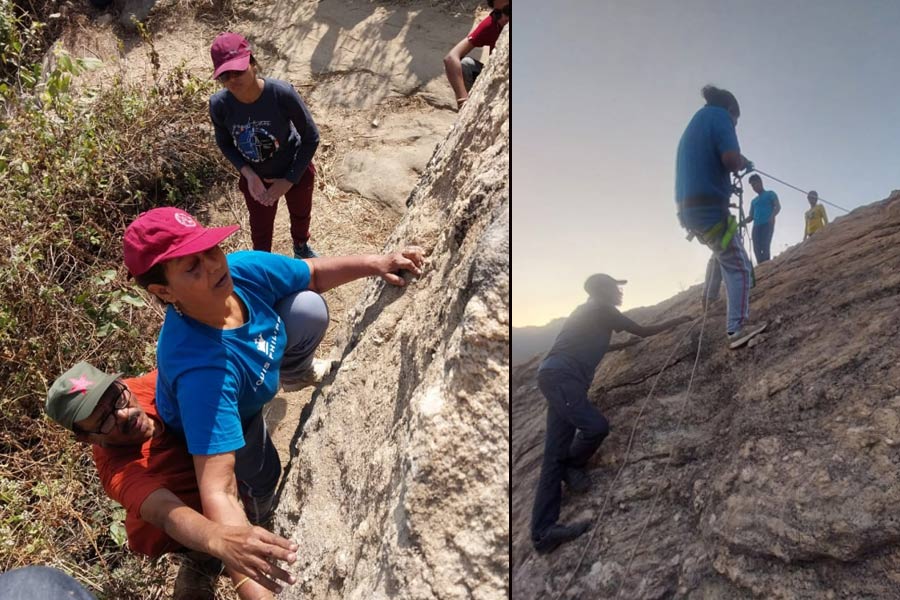 Men and women of age above 60 years climb rock at Purulia and show their fitness