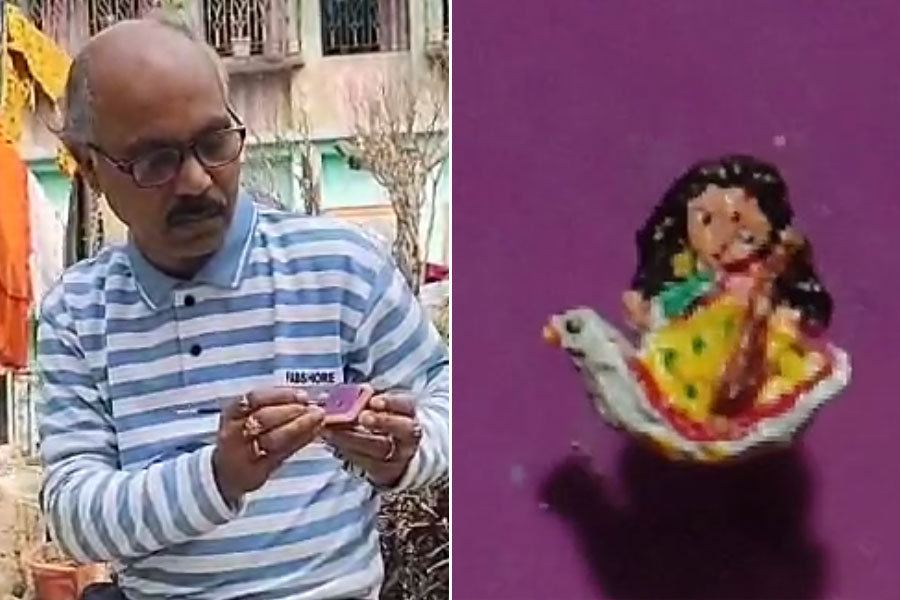 Nadia's artist made Saraswati on mustard seeds