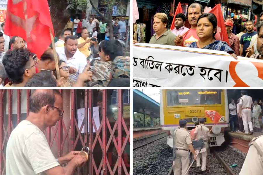 বামেদের ডাকা বন্‌ধে জেলায় জেলায় বিক্ষোভ, পুলিশের সঙ্গে ধস্তাধস্তি, ব্যাহত ট্রেন পরিষেবা