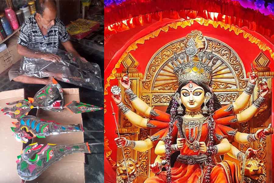 দুর্গার অস্ত্র তৈরিতে ভাঙা টিনই ভরসা, আগুন বাজারে সাজসজ্জার আড়ম্বরে কোপ