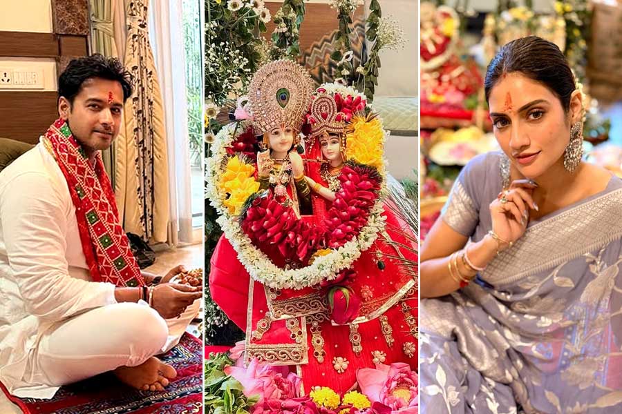 ফুল-ময়ূরপুচ্ছ, রকমারি নৈবেদ্য সাজানো আসন, যশ-নুসরতের বাড়িতে জমজমাট জন্মাষ্টমীর পুজো