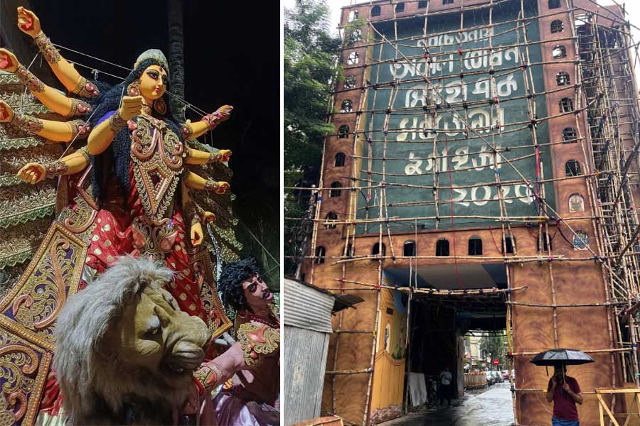 ‘নবচেতনায় অকাল বোধন’, ছবিতে দেখুন কীভাবে সাজছে সিংহী পার্কের মণ্ডপ