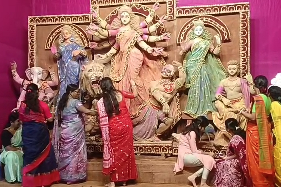 বাদামের খোলায় তৈরি প্রতিমা, মণ্ডপসজ্জাতেও চমক! জমজমাট নদিয়ার এই পুজো