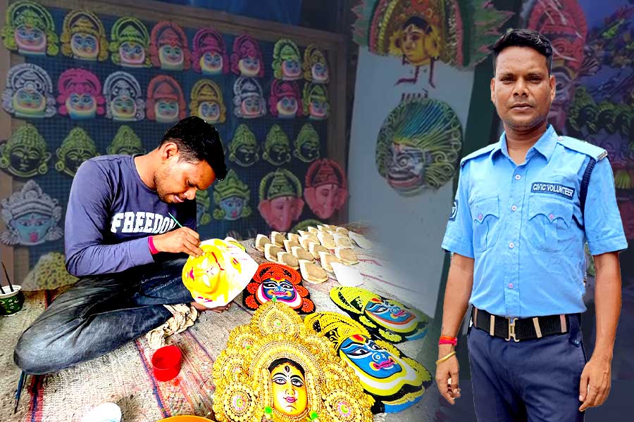 দাদাগিরি নয়, ডিউটি সেরে ছৌ নাচের মুখোশ তৈরি করেন সিভিক ভলান্টিয়ার ললিত সূত্রধর
